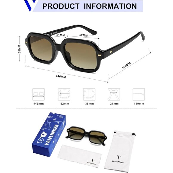 ✨Women Brown Retro Square Polarized Eyewear Rectangle Shades Sunglasses